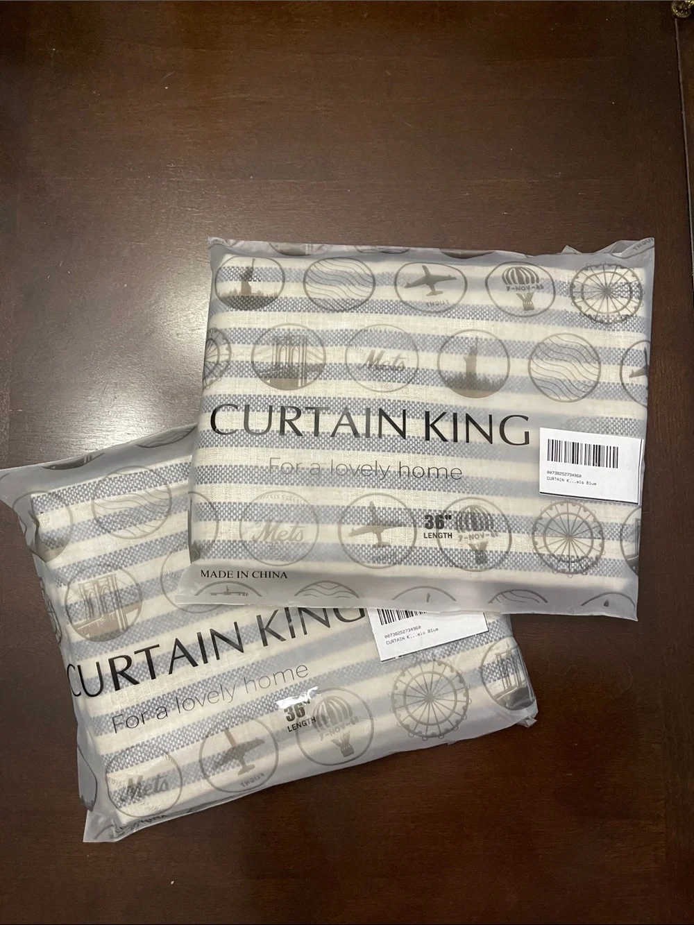 NWT Linen Blend Curtains 36” Beige Blue Stripe Rod Pocket Window Treatment